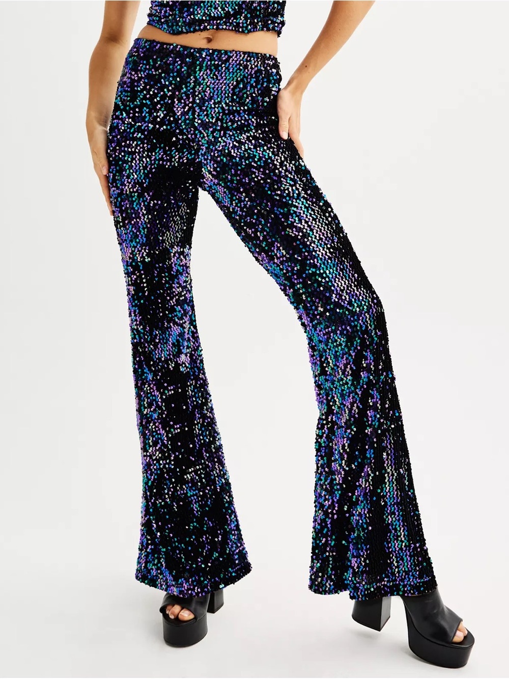 SO Black Sequin Flare Pants with Blue & Purple Iridescence